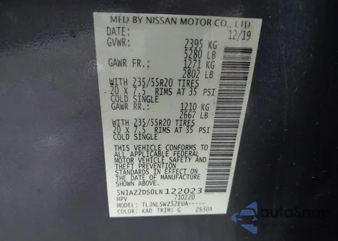 2020 Nissan Murano Platinum Intelligent Awd z USA, uszkodzony, nr VIN 5N1AZ2DS0LN122023